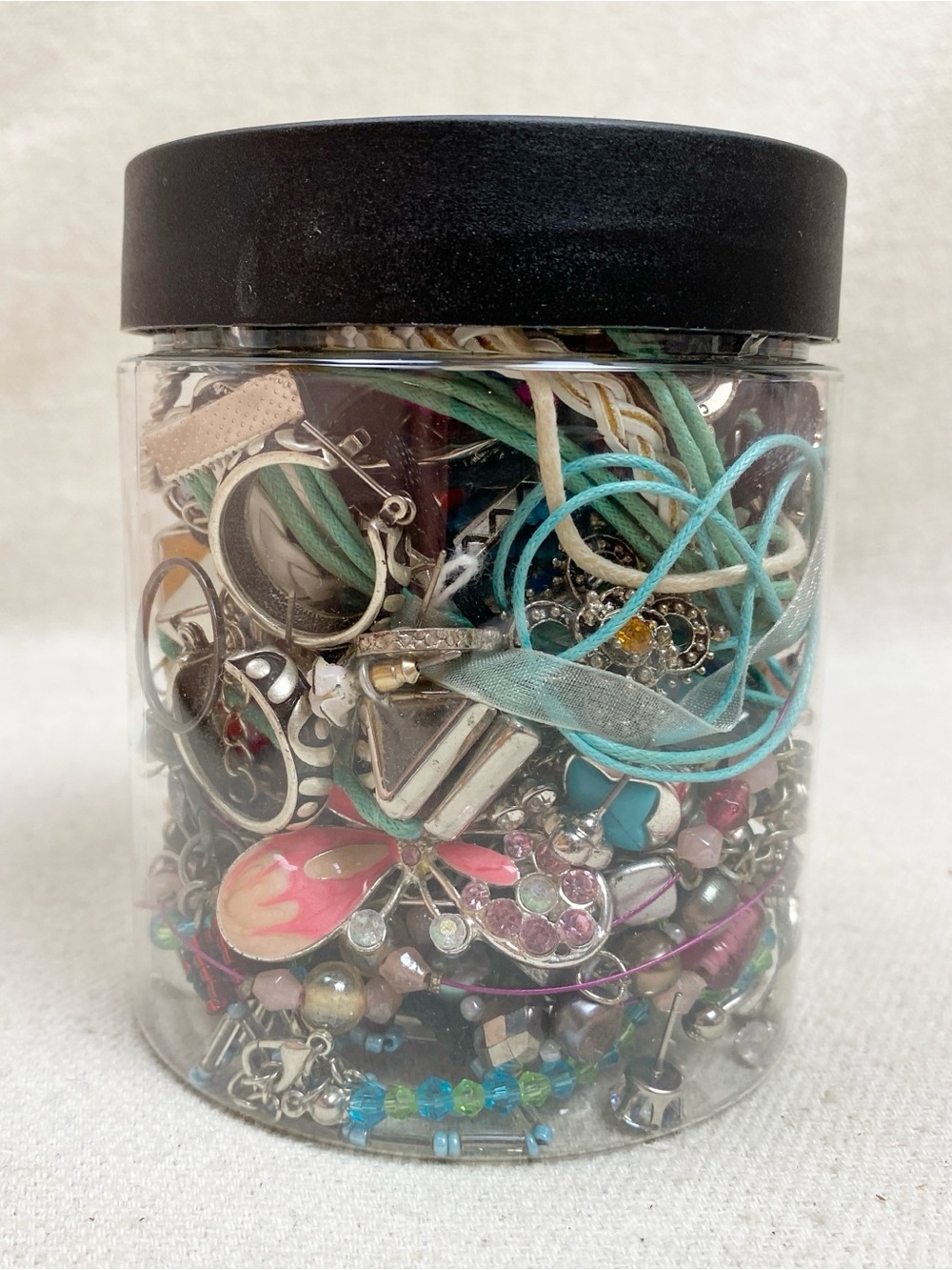 Mixed Costume Jewelry & Bead Jar - Turquoise, Pink, Silver Accents
